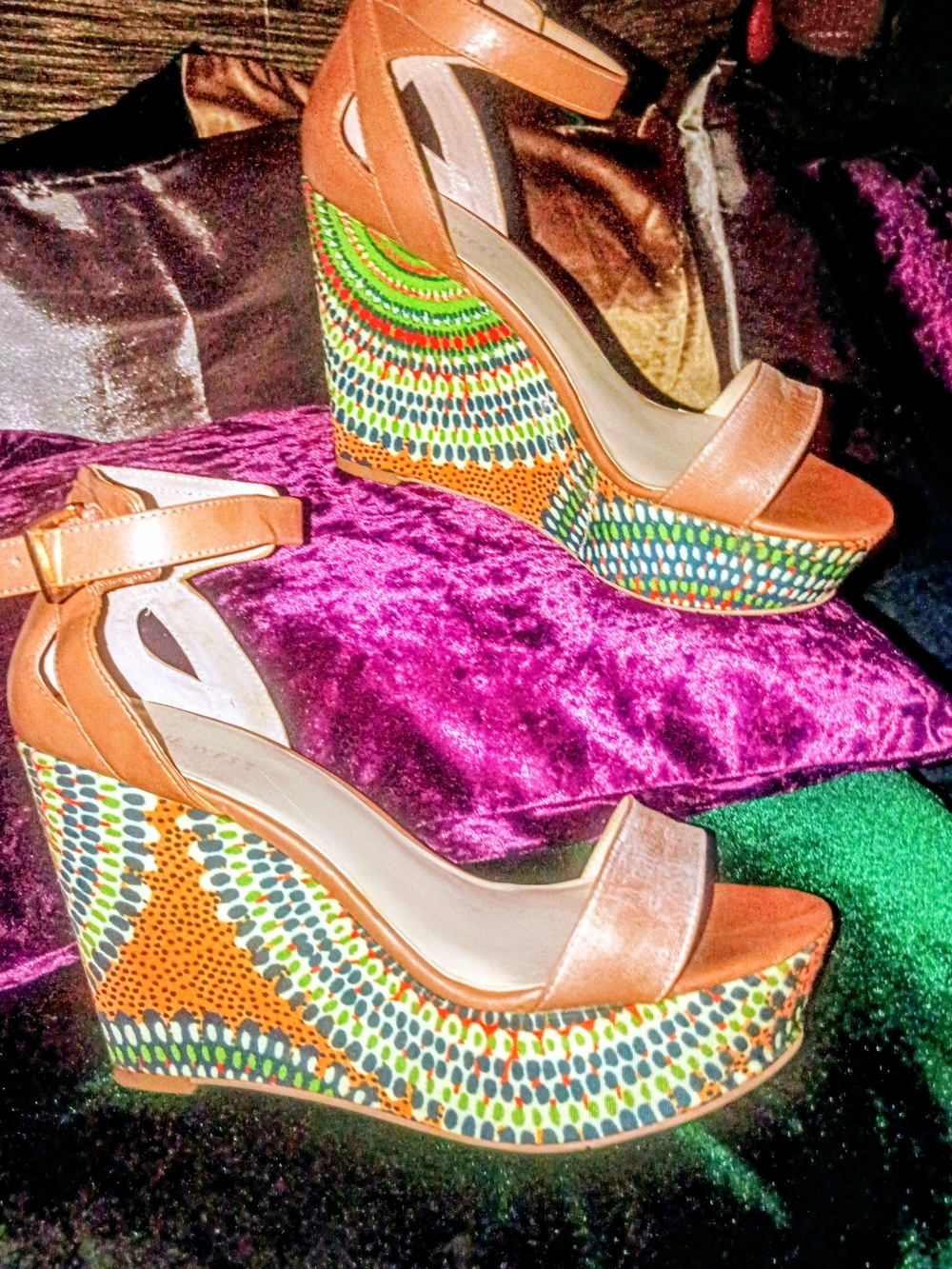 Nine West  Boho  Ankle-Strap Wedge Sandals with Multicolor Pattern